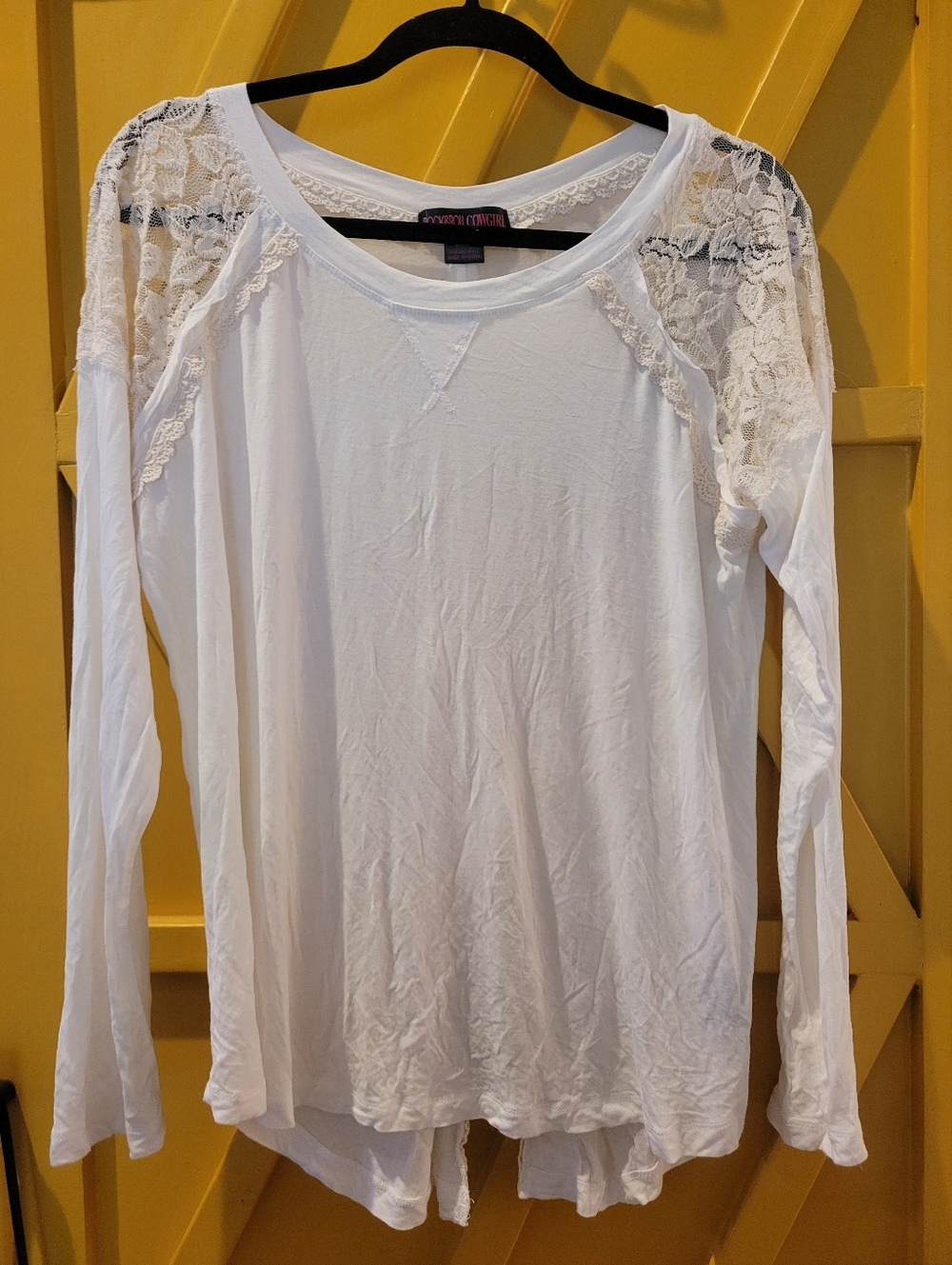 Rock & Roll Cowgirl White Lace Shoulder Long Sleeve Top